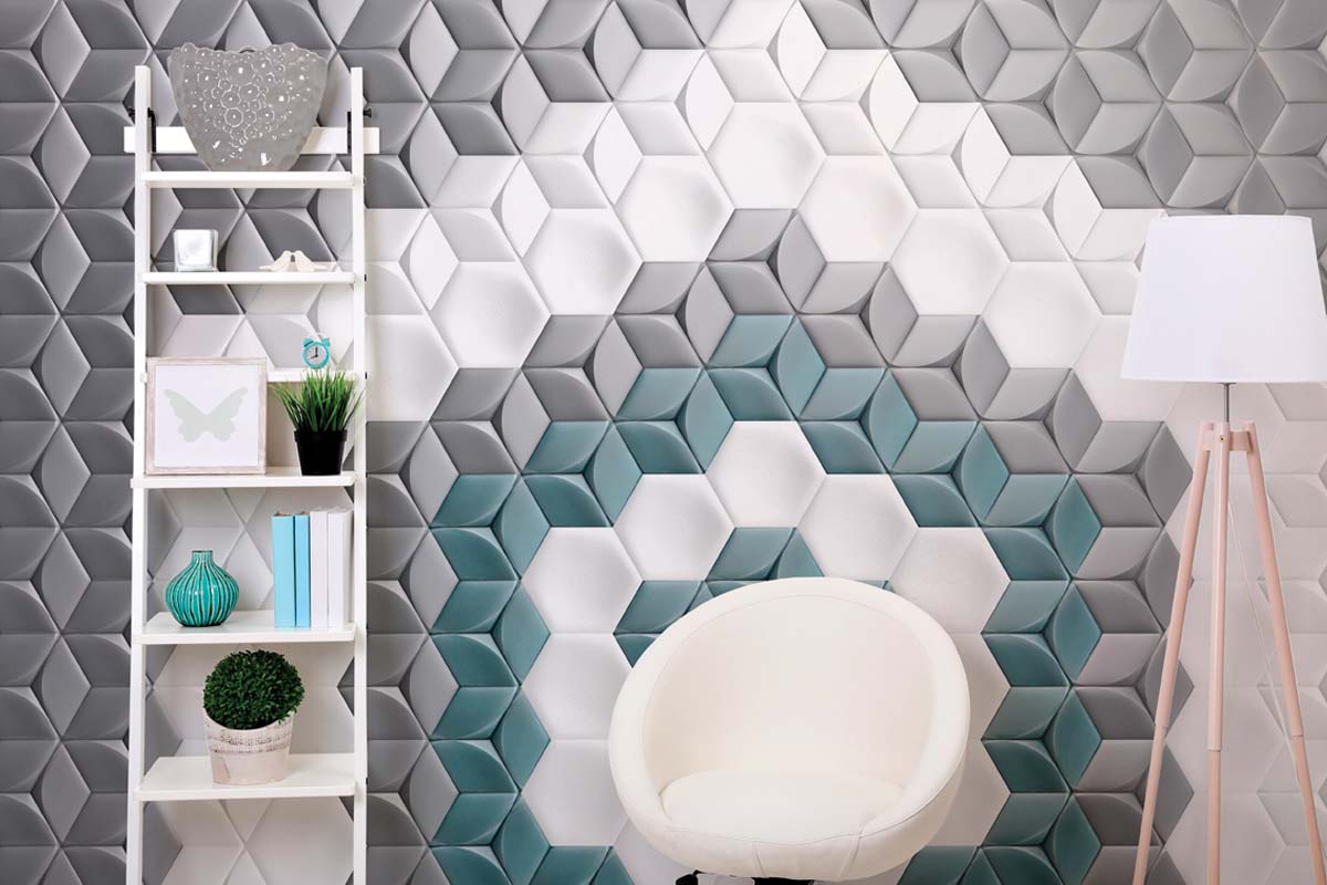 Glazed ceramic hexagon shaped tiles with a 3D hexagon decor. Pastel shades of green, grey and white. Displayed here in a front room.